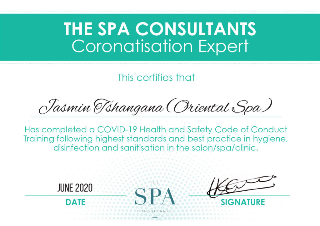 Jasmin Tshangana spa therapist certification